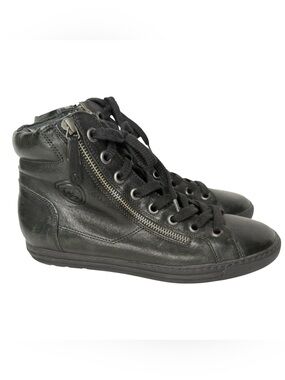 Paul Green Women's Black Leather High-Top Sneakers with Side Zip Size 6 NEW
